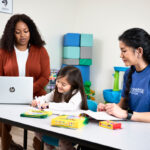 a child, behavior technician and bcba sitting at a table