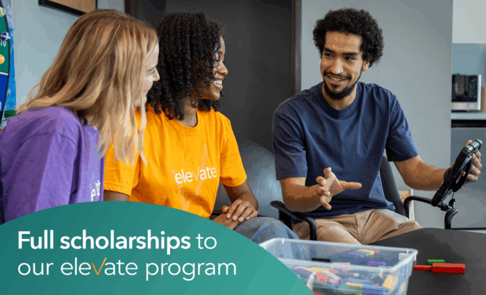 image of 3 elevate students with text reading full scholarships to our elevate program