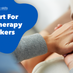 Two people holding hands in a supportive, comforting gesture next to a blue graphic overlay with logos for Centria Autism and Life Skills Autism Academy, featuring the text "Support For ABA Therapy Caretakers."
