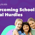 Graphic titled "Overcoming School Social Hurdles" with logos for Centria Autism and Life Skills Autism Academy, featuring four diverse, smiling children leaning together against a purple patterned background.